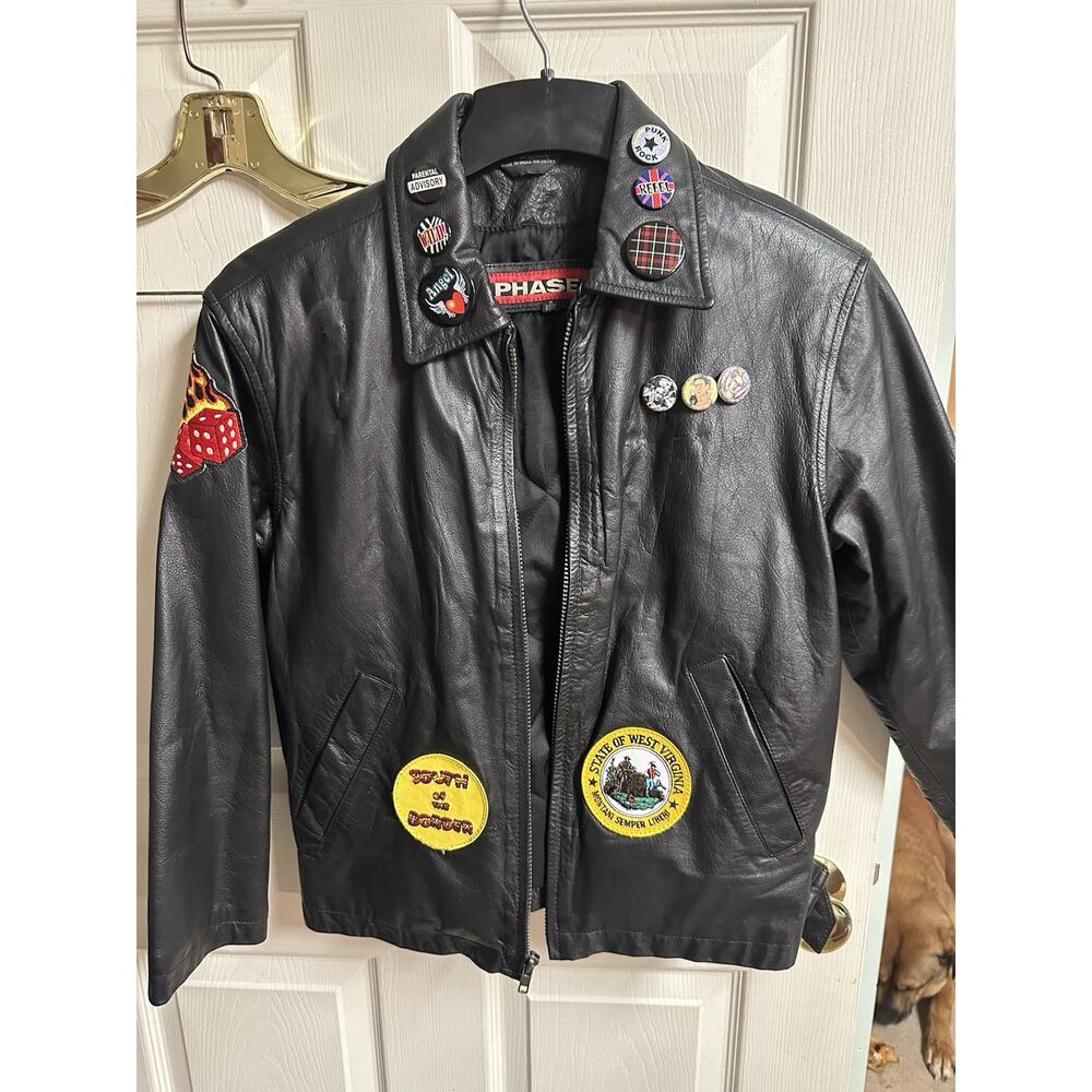 Phase Two Boys Med Womens Small 38 Full Zip Leather Jacket Black Moto Crop 23L